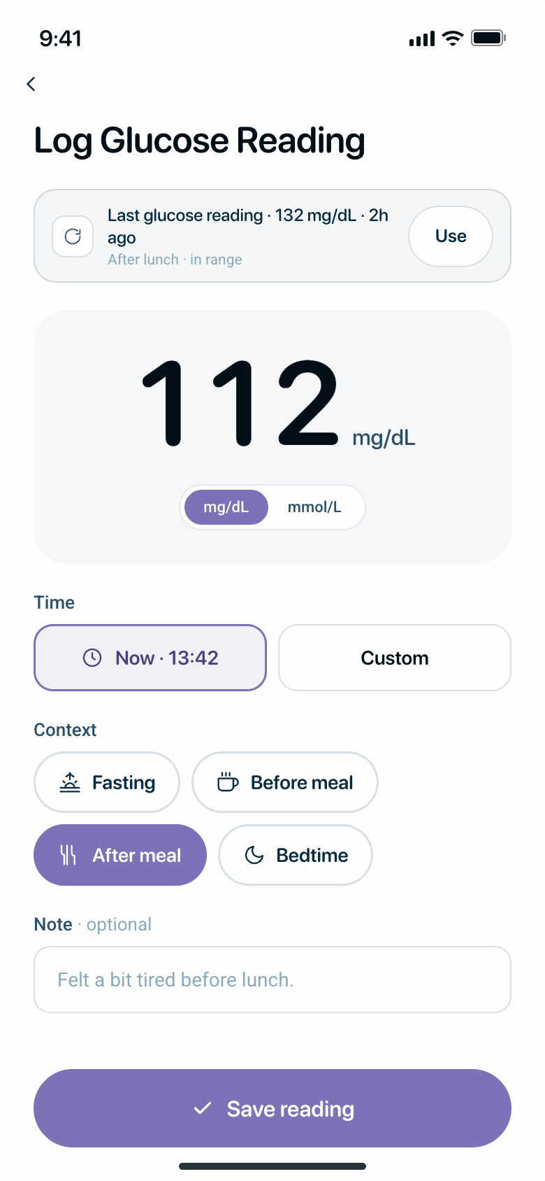 Glucose logging screen showing the reading, time, context and note